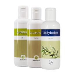 Combination olive shampoo, shower oil and body lotion