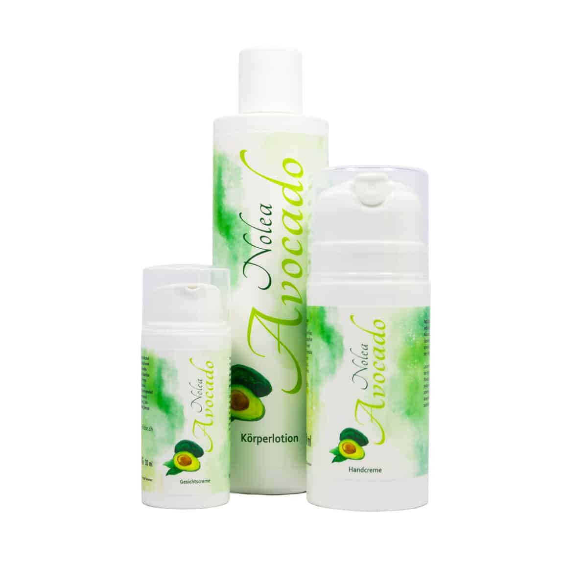 NOLEA Avocado product line, face cream, hand cream and body lotion. Natural cosmetics by Blidor AG.