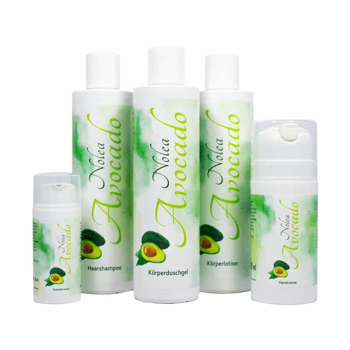NOLEA Avocado Produkt-Linie, Gesichtscreme, Handcreme, Haarshampoo, Körperduschgel und Körperlotion. Naturkosmetik by Blidor AG.