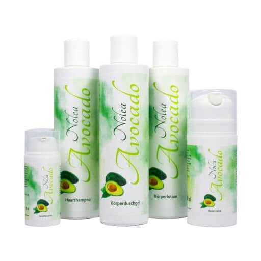Ligne de produits NOLEA Avocado, crème pour le visage, crème pour les mains, shampooing pour les cheveux, gel douche pour le corps et lotion pour le corps. Cosmétique naturelle by Blidor AG.